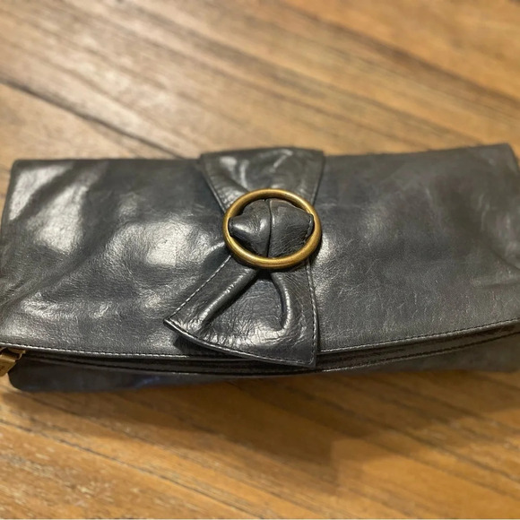 HOBO Soft Blue Leather Foldover Magnetic Clutch Purse Bronze Ring Boho Evening - Picture 2 of 12